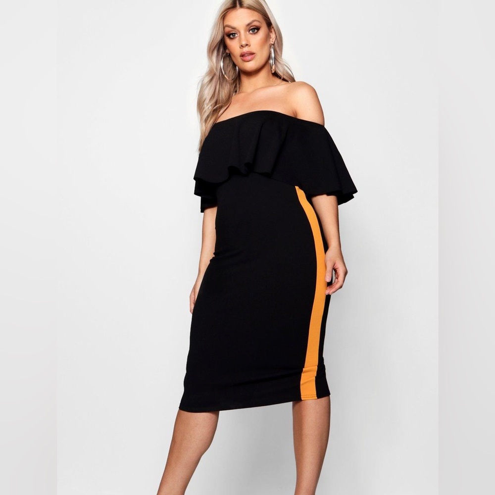 Boohoo size 14 worn twice off shoulder side stripe dress